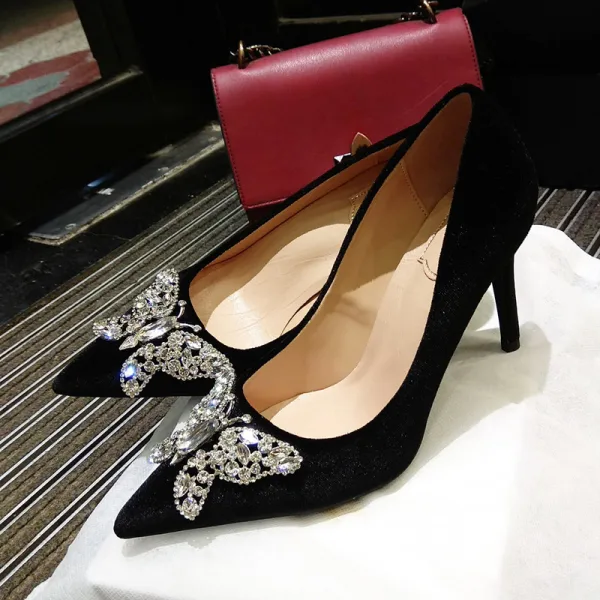 Chic Noire Promo Faux Diamant Papillon Escarpins 2020 9 cm Talons Aiguilles À Bout Pointu Escarpins