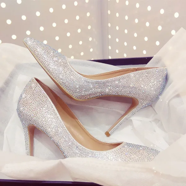 Błyszczące Uroczy Srebrny Rhinestone Buty Ślubne 2020 Skórzany 10 cm Szpilki Szpiczaste Ślub Czółenka