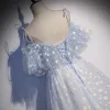 Fashion Sky Blue Flower Fairy Daisy Floral Prom Dresses 2021 A-Line / Princess Spaghetti Straps Short Sleeve Backless Sweep Train Prom Formal Dresses