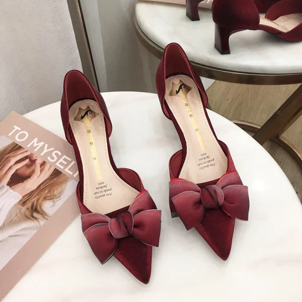 Chic / Beautiful Burgundy Prom Suede Womens Shoes 2020 Leather Bow 4 cm Stiletto Heels Low Heel Pointed Toe Heels