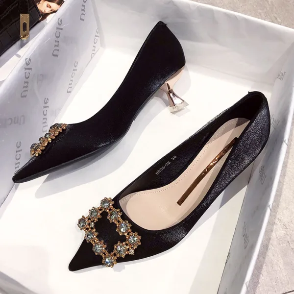 Schöne Schwarz Ball Strass Pumps 2020 3 cm Stilettos Low Heel Spitzschuh Pumps
