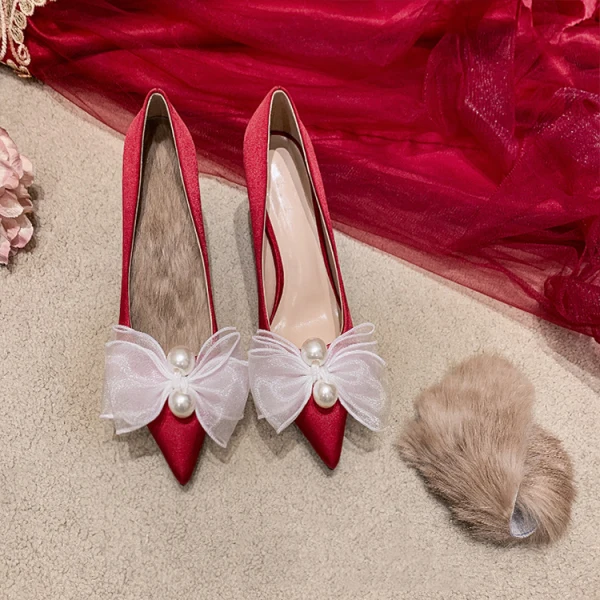 Chic / Beautiful White Wedding Shoes 2020 Leather Pearl Bow 8 cm Stiletto Heels Pointed Toe Wedding Pumps