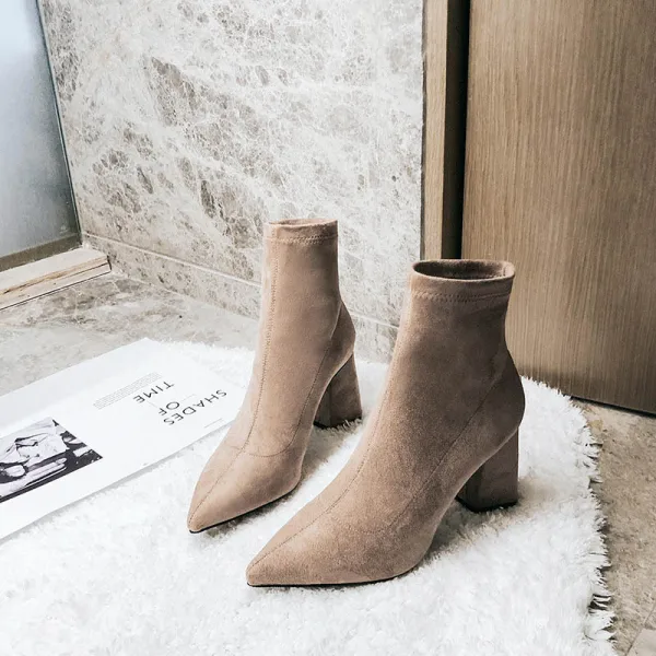 Chic / Beautiful Winter Black Street Wear Ankle Womens Boots 2020 Suede 7 cm Thick Heels Pointed Toe Boots