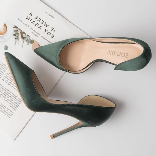 Minimalist Dark Green Prom Silk Satin Womens Shoes 2020 10 cm Stiletto Heels Pointed Toe High Heels