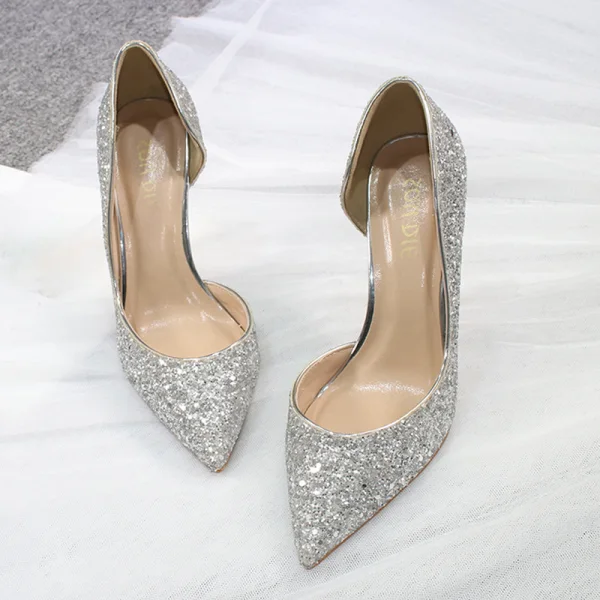 Sparkly Silver Evening Party Glitter Sequins Womens Shoes 2020 10 cm Stiletto Heels Pointed Toe Heels