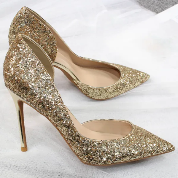 Sparkly Gold Evening Party Glitter Sequins Womens Shoes 2020 10 cm Stiletto Heels Heels Pointed Toe