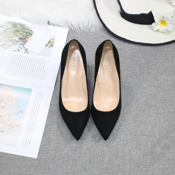 Modest / Simple Black Office OL Suede Pumps 2020 8 cm Thick Heels Pointed Toe Pumps