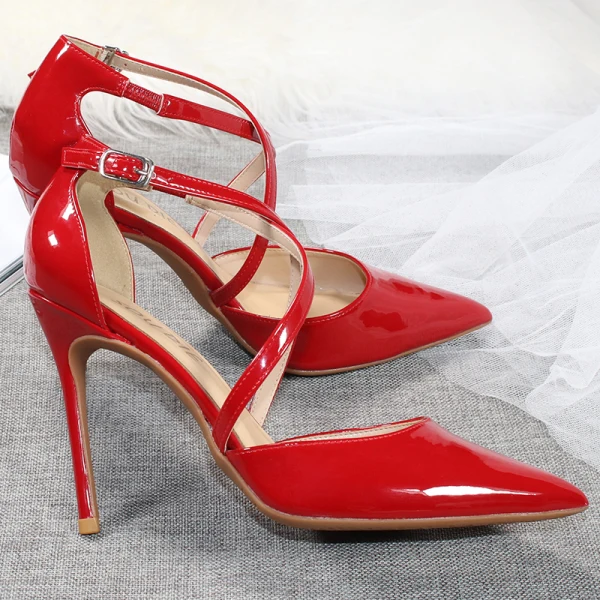 Sexy Red Evening Party Womens Shoes 2020 Patent Leather X-Strap 10 cm Stiletto Heels Pointed Toe Heels