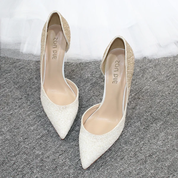 Charming Gradient-Color Gold Evening Party Womens Shoes 2020 Glitter Sequins 10 cm Stiletto Heels Pointed Toe Heels
