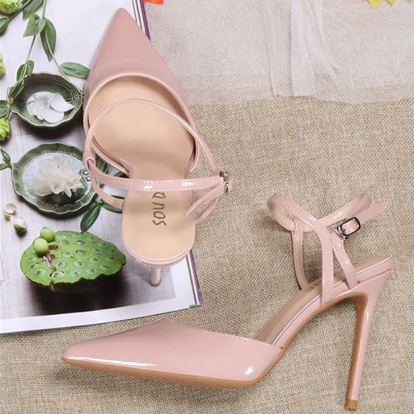 Sexy Fashion Nude Evening Party Womens Sandals 2020 Ankle Strap Patent Leather 10 cm Stiletto Heels Pointed Toe Heels