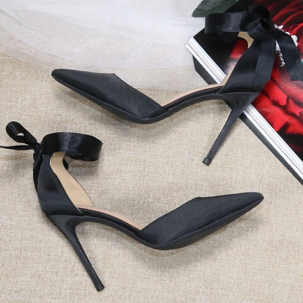 Fashion Black Prom Satin Womens Shoes 2020 Ankle Strap Bow 10 cm Stiletto Heels Pointed Toe Heels