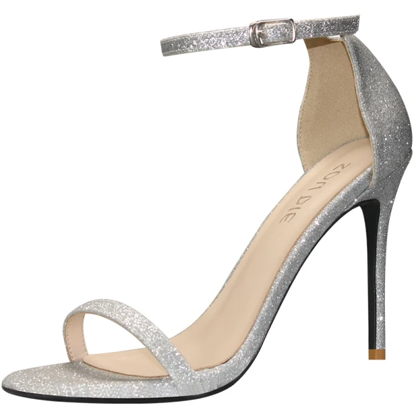 Sexy Silber Abend Glanz Pailletten Sandalen Damen 2020 Knöchelriemen 10 cm Stilettos Peeptoes Sandaletten