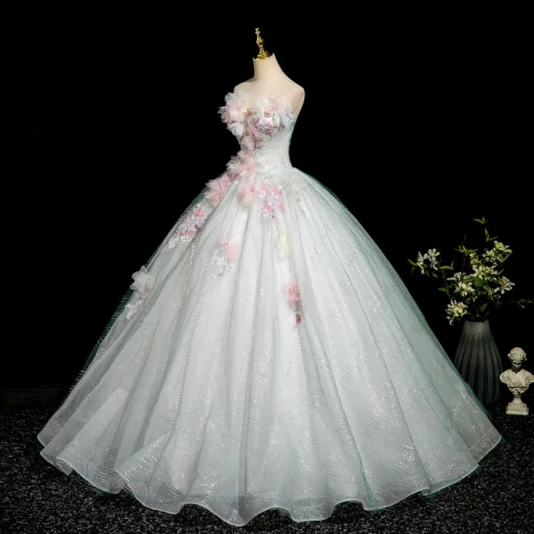 Elegant Mint Green Beading Lace Flower Appliques Prom Dresses 2025 Ball Gown Strapless Sleeveless Backless Floor-Length / Long Formal Dresses