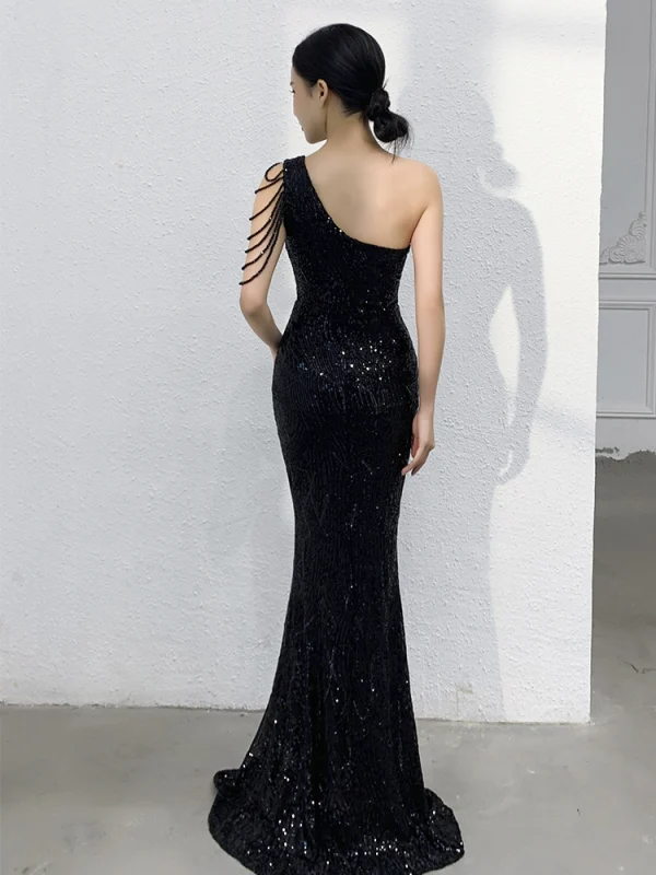 Sexy Scintillantes Noire Paillettes Robe De Soirée 2021 Trompette / Sirène Une épaule Perlage Sans Manches Dos Nu Longue Soirée Robe De Ceremonie
