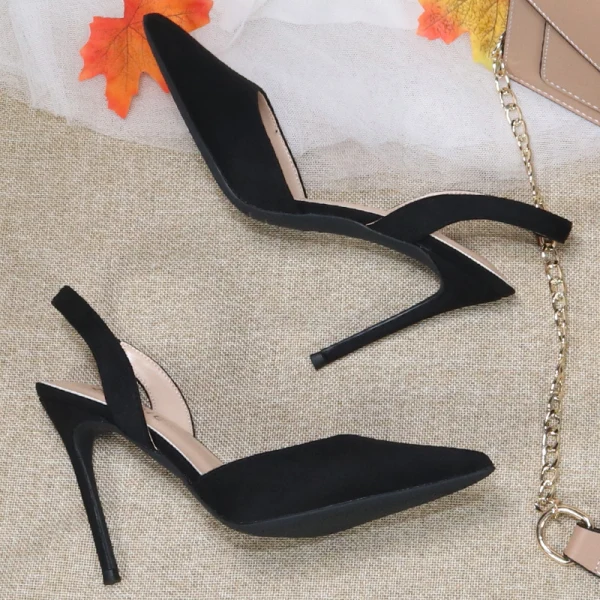 Piękne Czarne Zużycie ulicy Slingback Zamszowe Sandały Damskie 2020 10 cm Szpilki Szpiczaste Sandały