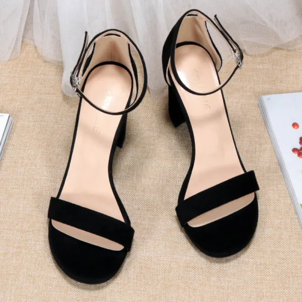 Sexy Noire Vêtement de rue Daim Sandales Femme 2020 Bride Cheville 8 cm Talons Épais À Bout Pointu Sandales