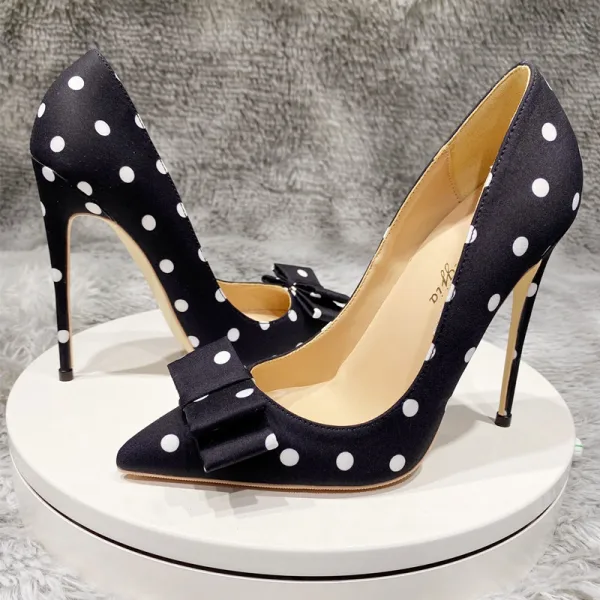 Edles Schwarz Cocktail Seide Satin Pumps 2020 Geflecktes Schleife 12 cm Stilettos Spitzschuh Pumps