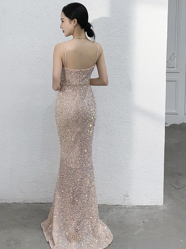 Glitzernden Sexy Champagner Pailletten Abendkleider 2021 Meerjungfrau Spaghettiträger Perlenstickerei Ärmellos Rückenfreies Lange Abend Festliche Kleider