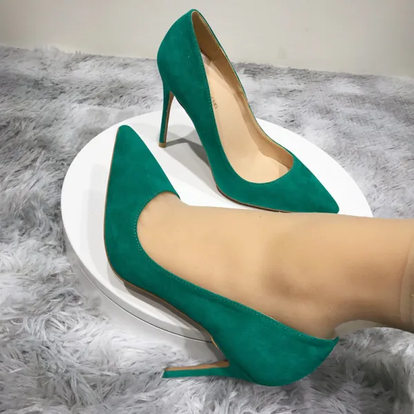 Schlicht Grün Wildleder Strassenmode Pumps 2020 12 cm Stilettos Spitzschuh Pumps