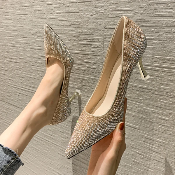 Scintillantes Argenté Cristal Chaussure De Mariée 2020 Faux Diamant 7 cm Talons Aiguilles À Bout Pointu Mariage Escarpins