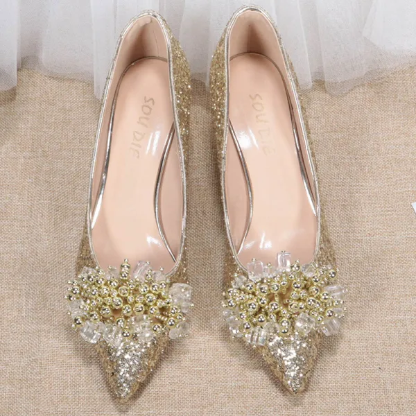 Uroczy Błyszczące Złote Buty Ślubne 2020 Cekiny Rhinestone 6 cm Szpilki Szpiczaste Ślub Czółenka