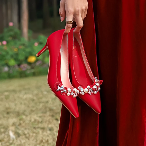Classy Ivory Pearl Rhinestone Wedding Shoes 2020 8 cm Stiletto Heels Pointed Toe Wedding Pumps