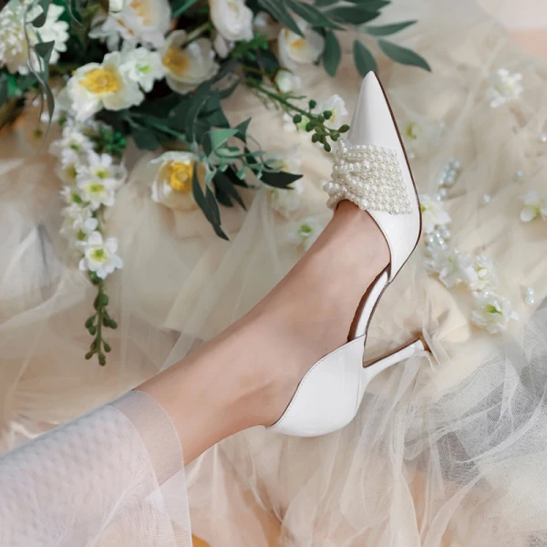 Chic Ivoire Perle Chaussure De Mariée 2020 8 cm Talons Aiguilles À Bout Pointu Mariage Talons