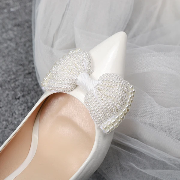 Chic Ivoire Perle Noeud Chaussure De Mariée 2020 8 cm Talons Aiguilles À Bout Pointu Mariage Escarpins