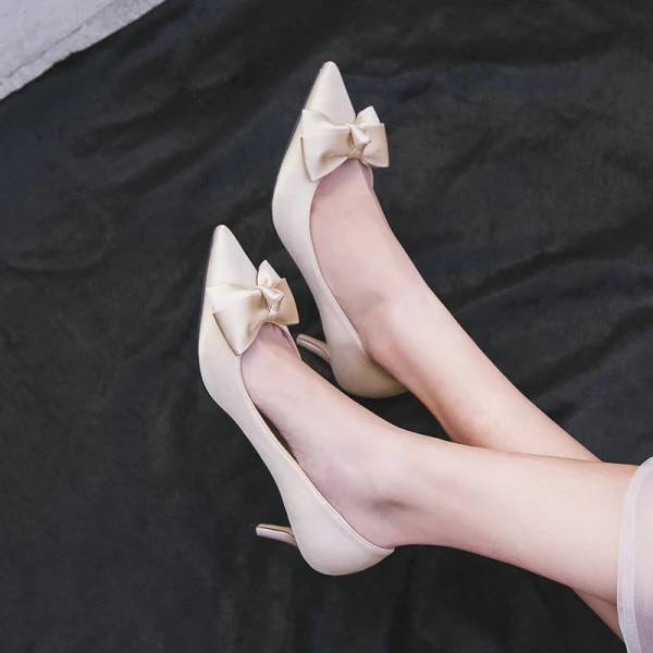 Classy Burgundy Satin Bow Wedding Shoes 2020 6 cm Stiletto Heels Pointed Toe Wedding Pumps