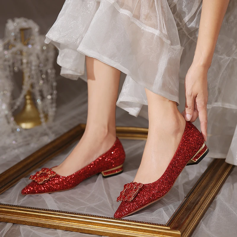 green emerald velvet dress Rose Gold Rock Glitter Block Heel with Ankle Strap, Wedding Shoes 6.5 main image 1