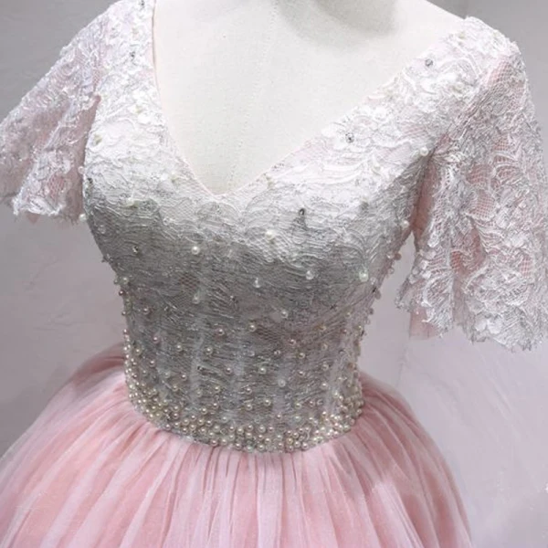 Chic / Belle Rougissant Rose Robe De Fete 2018 Princesse En Dentelle Perle V-Cou Dos Nu Manches Courtes Courte Robe De Ceremonie