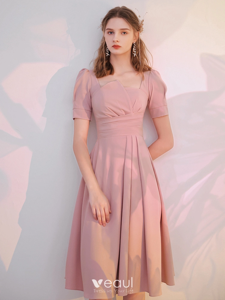 Modest Simple Blushing Pink Homecoming Graduation Dresses 2021 A Line Princess Square Neckline Short Sleeve Tea length Formal Dresses