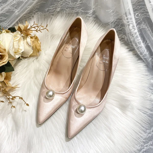Chic / Beautiful Satin Red Pearl Wedding Shoes 2020 Leather 9 cm Stiletto Heels Pointed Toe Wedding Pumps