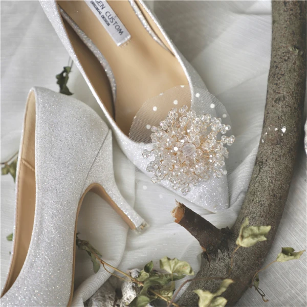 Chic Ivoire Cuir Faux Diamant Paillettes Chaussure De Mariée 2020 7 cm Talons Aiguilles À Bout Pointu Mariage Escarpins