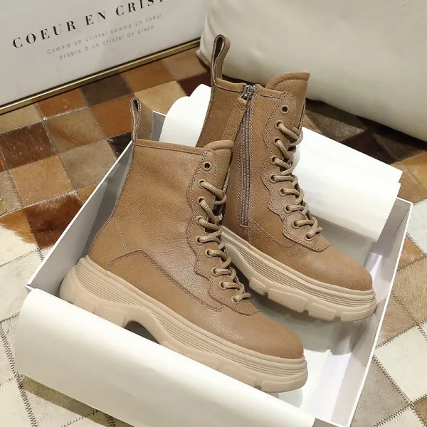Fashion Chic / Beautiful Winter Tan Street Wear Leather Womens Boots 2020 Ankle Round Toe Boots