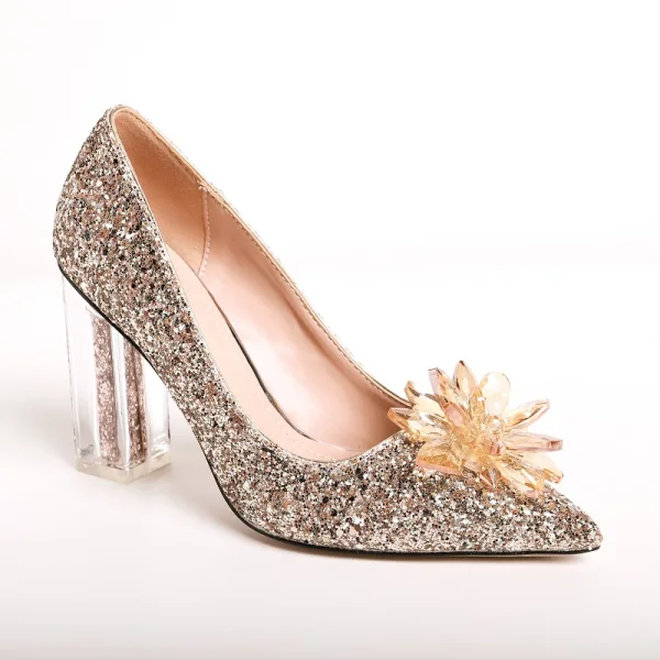 Glittrande Silver Kristall Brudskor 2020 Paljetter 9 cm Tjocka Klackar Spetsiga Bröllop Pumps