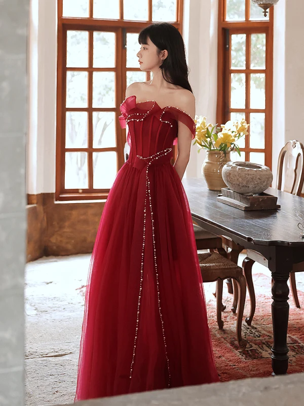 Fashion Burgundy Evening Dresses  Prom Dresses 2021 A-Line / Princess Ruffle Pearl Off-The-Shoulder Sleeveless Backless Floor-Length / Long Prom Formal Dresses