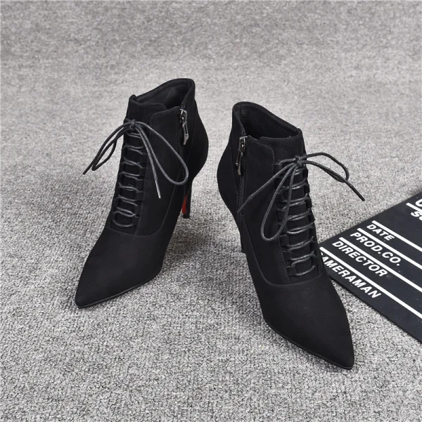 Modest / Simple Black Street Wear Leather Womens Boots 2020 Ankle 9 cm Stiletto Heels Pointed Toe Boots
