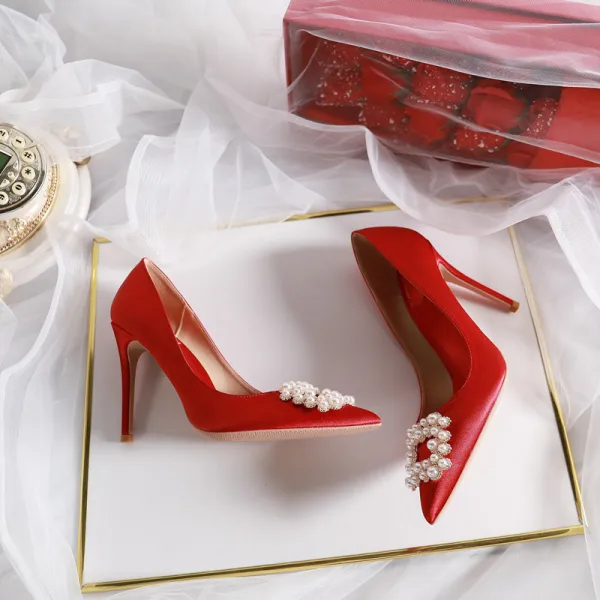 Elegant Ivory Pearl Rhinestone Wedding Shoes 2020 Leather 10 cm Stiletto Heels Pointed Toe Wedding Pumps