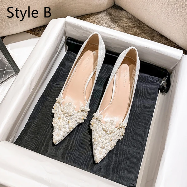 Chic Ivoire Faux Diamant Perle Chaussure De Mariée 2020 7 cm Talons Aiguilles À Bout Pointu Mariage Escarpins