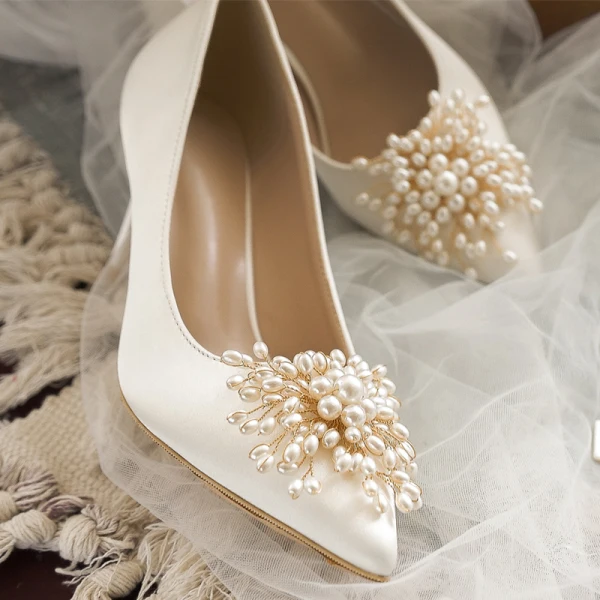 Elegant Chic / Beautiful Ivory Satin Pearl Wedding Shoes 2020 Leather 9 cm Stiletto Heels Pointed Toe Wedding Pumps