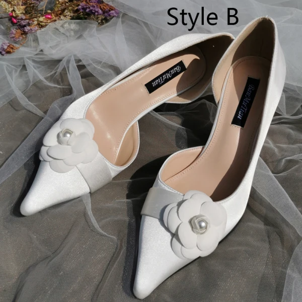Élégant Vintage / Originale Ivoire Fleur Chaussure De Mariée 2020 Cuir 7 cm Talons Aiguilles À Bout Pointu Mariage Escarpins