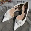 Elegantes Vintage Marfil Flor Zapatos de novia 2020 Cuero 7 cm Stilettos / Tacones De Aguja Punta Estrecha Boda Tacones