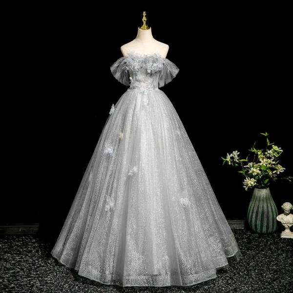 Elegant Grey Beading Sequins Appliques Tassel Prom Dresses 2025 Ball Gown Off-The-Shoulder Short Sleeve Backless Floor-Length / Long Tulle Formal Dresses