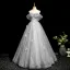 Elegant Grey Beading Sequins Appliques Tassel Prom Dresses 2025 Ball Gown Off-The-Shoulder Short Sleeve Backless Floor-Length / Long Tulle Formal Dresses
