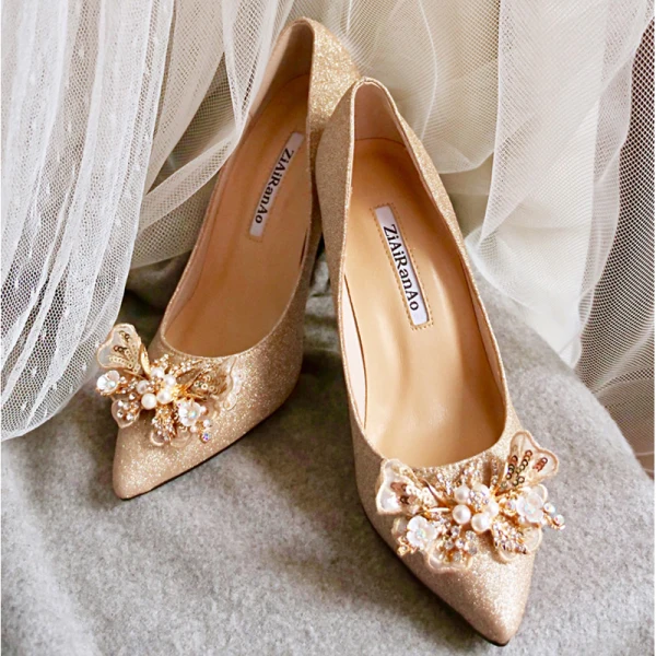Glitter Charmant Goud Bruidsschoenen 2020 Leer Glans Pailletten Parel Rhinestone 6 cm Naaldhakken / Stiletto Spitse Neus Huwelijk Pumps
