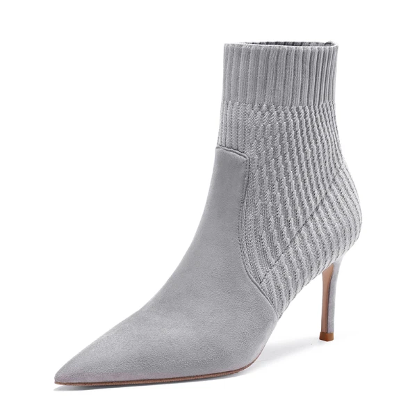 Schöne Grau Strassenmode Stiefel Stiefel Damen 2020 8 cm Stilettos Spitzschuh Stiefel