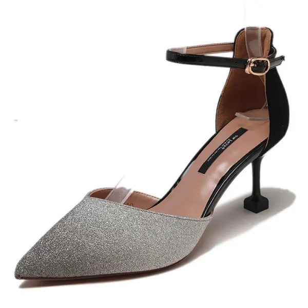 Chic / Beautiful Champagne Evening Party Womens Shoes 2020 Ankle Strap 6 cm Stiletto Heels Pointed Toe Heels