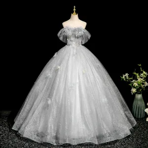 Élégant Gris Perlage Paillettes Appliques Gland Robe De Bal 2025 Robe Boule De L Épaule Manches Courtes Dos Nu Longue Tulle Robe De Ceremonie