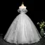 Elegant Grey Beading Sequins Appliques Tassel Prom Dresses 2025 Ball Gown Off-The-Shoulder Short Sleeve Backless Floor-Length / Long Tulle Formal Dresses